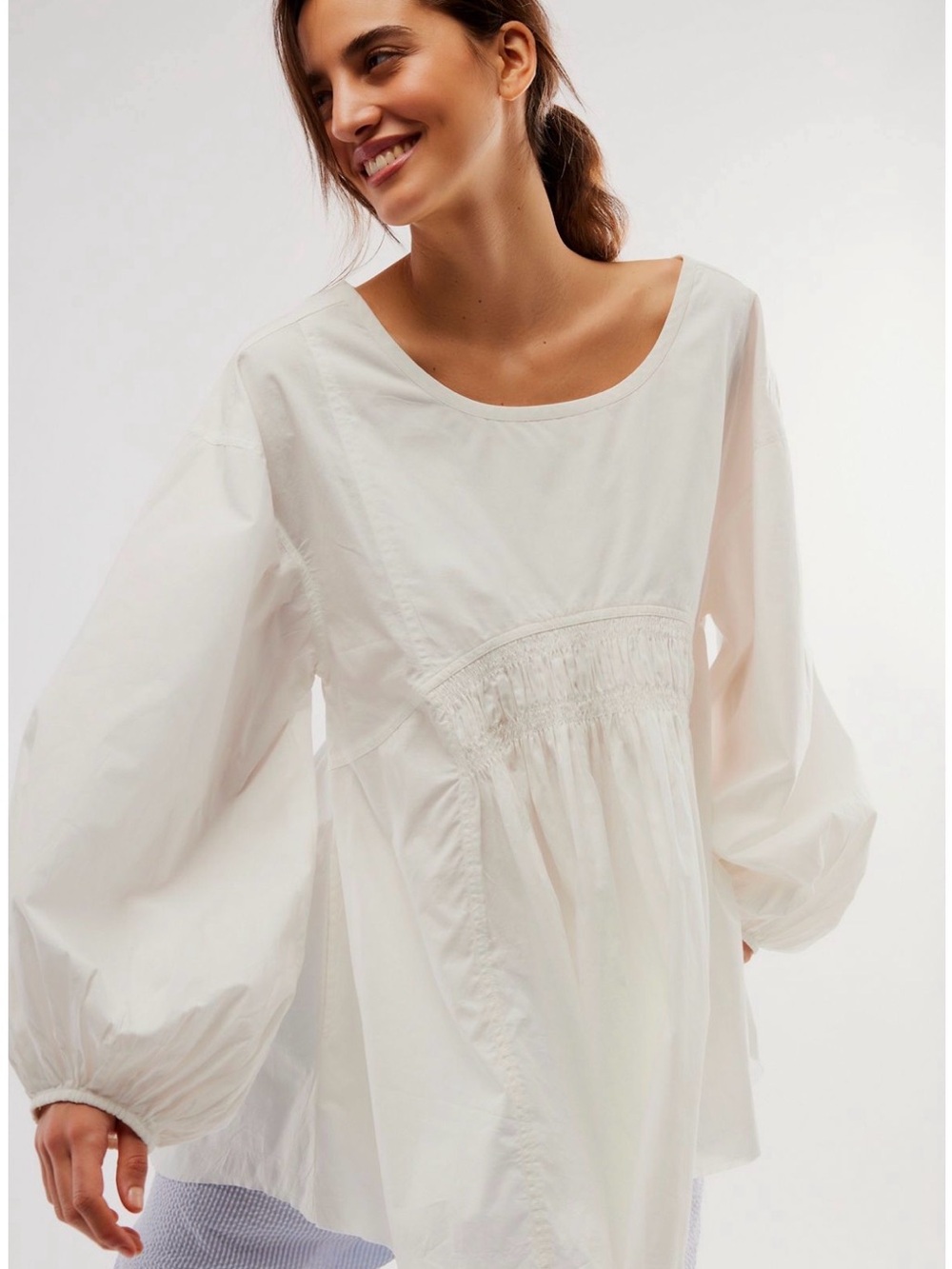Free People Smocked Babydoll Tunic - White Peasant Blouse